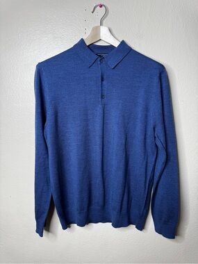 Charles Tyrwhitt Men 100% Merino Wool Polo Sweater Large Blue Long Sleeve Luxury